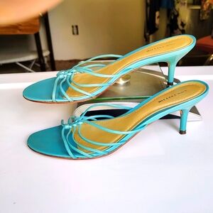 Ann Taylor women's leather strappy stiletto heel sandals,slip-on Turquoise 8.5M,